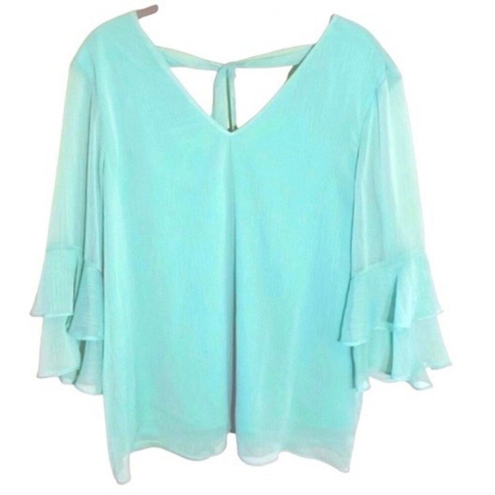 Suzy Shier sea foam green v-neck blouse with bell sleeves. Women's size L